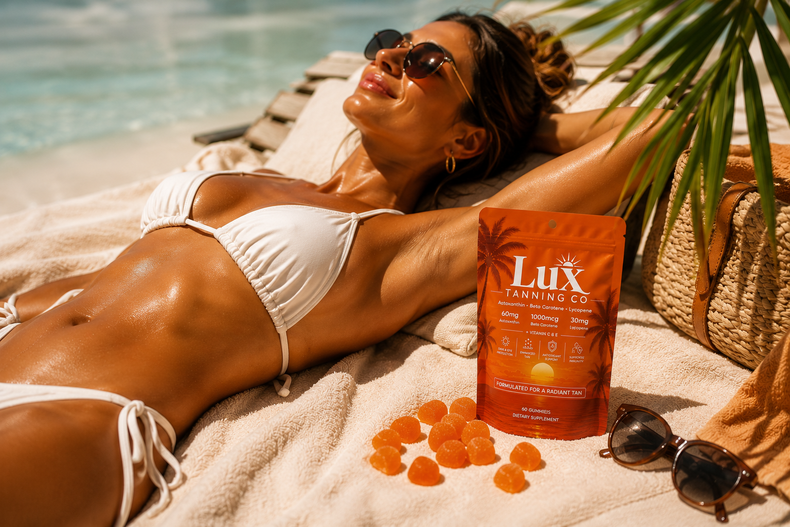 Friends on a tropical beach with Lux Tanning Co. pouches
